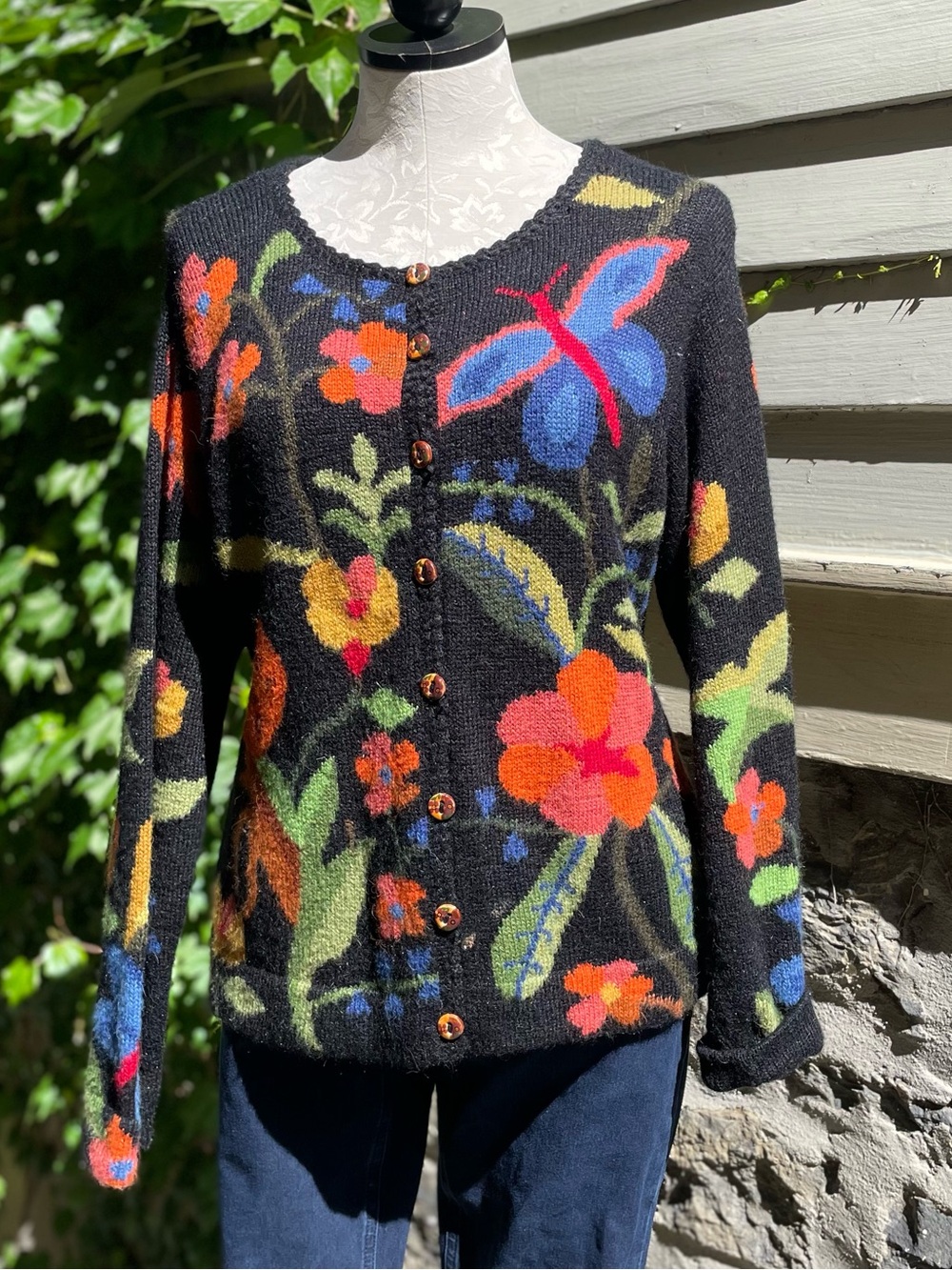 Abas Black Floral Butterfly Button-Up Sweater